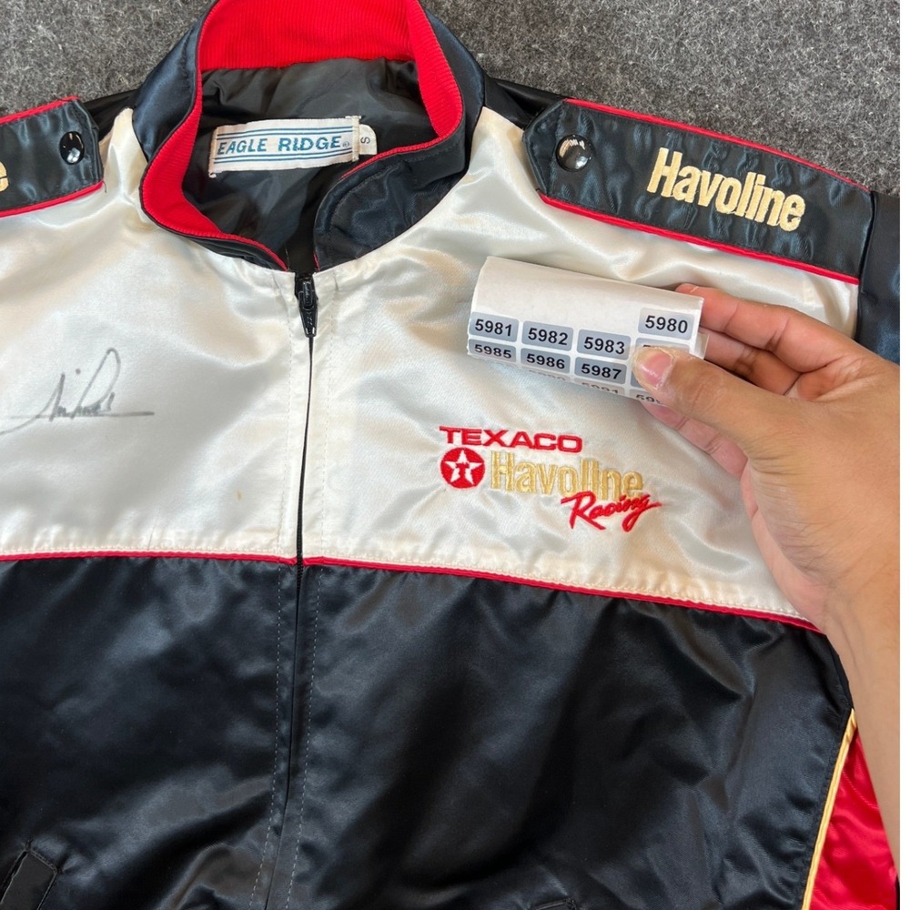 VTG 80s Eagle Ridge Texaco Havoline Racing Jacket Black Satin Autographed Mens S